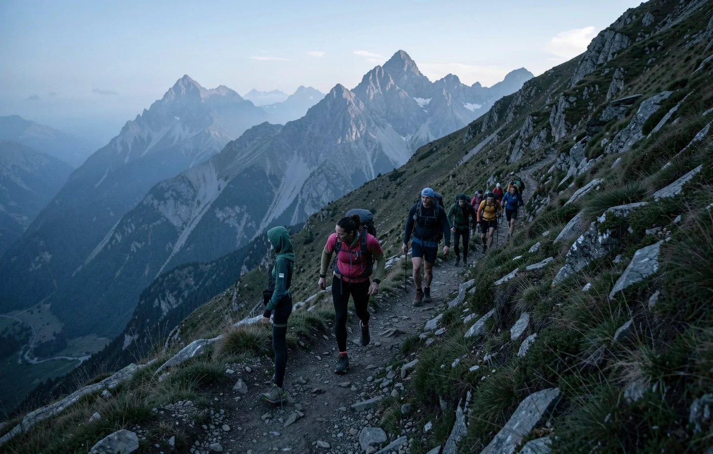 Randonneurs dans les Pyrénées au lever du jour