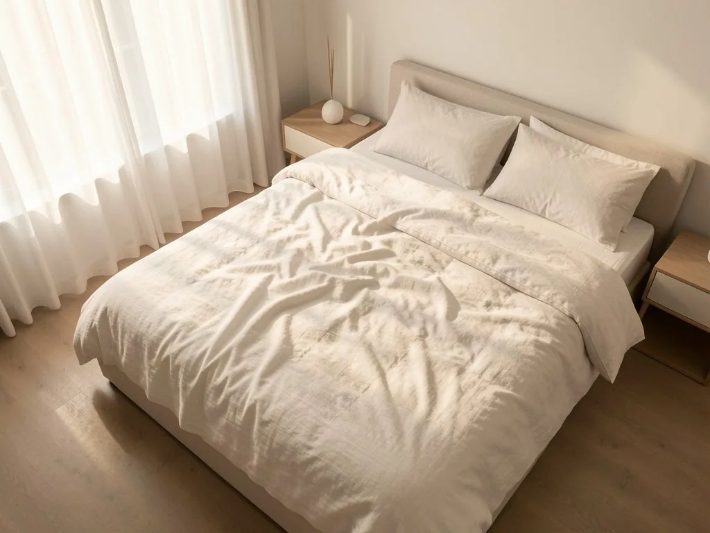 Lit en lin dans une chambre minimaliste au matin