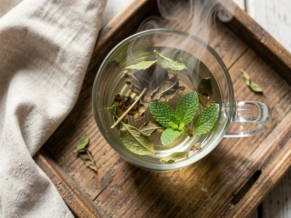 Tasse d'infusion à la menthe sur plateau en bois