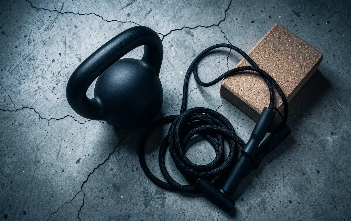 Accessoires de fitness disposés sur sol en béton