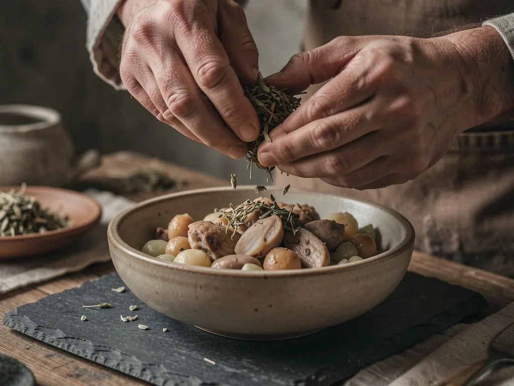 Préparation d'un repas traditionnel sur pierre sombre