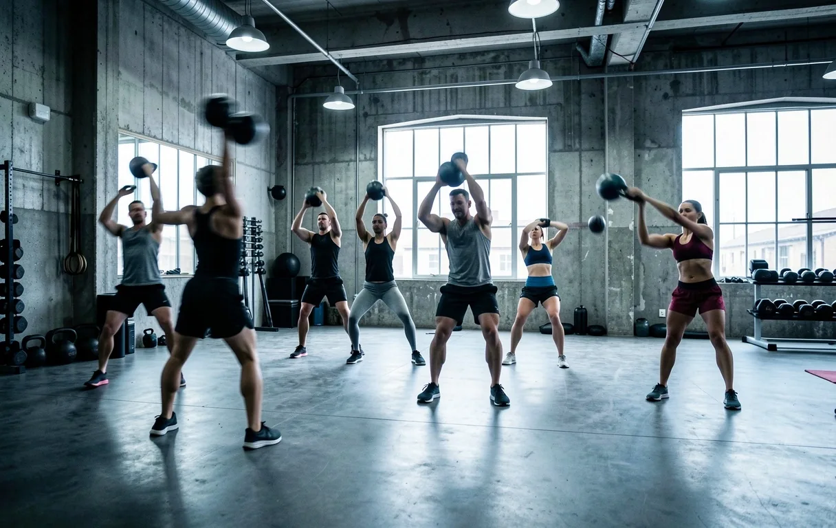 Session de fitness collectif dans un gym de style industriel