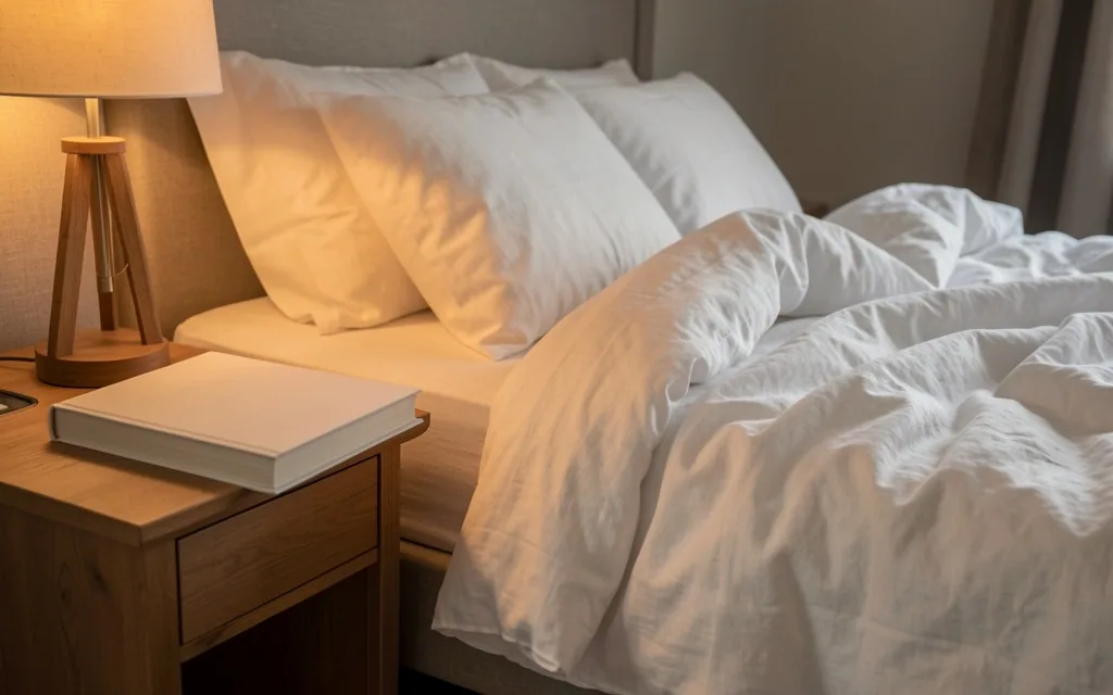 Chambre apaisante le soir avec livre sur la table de nuit