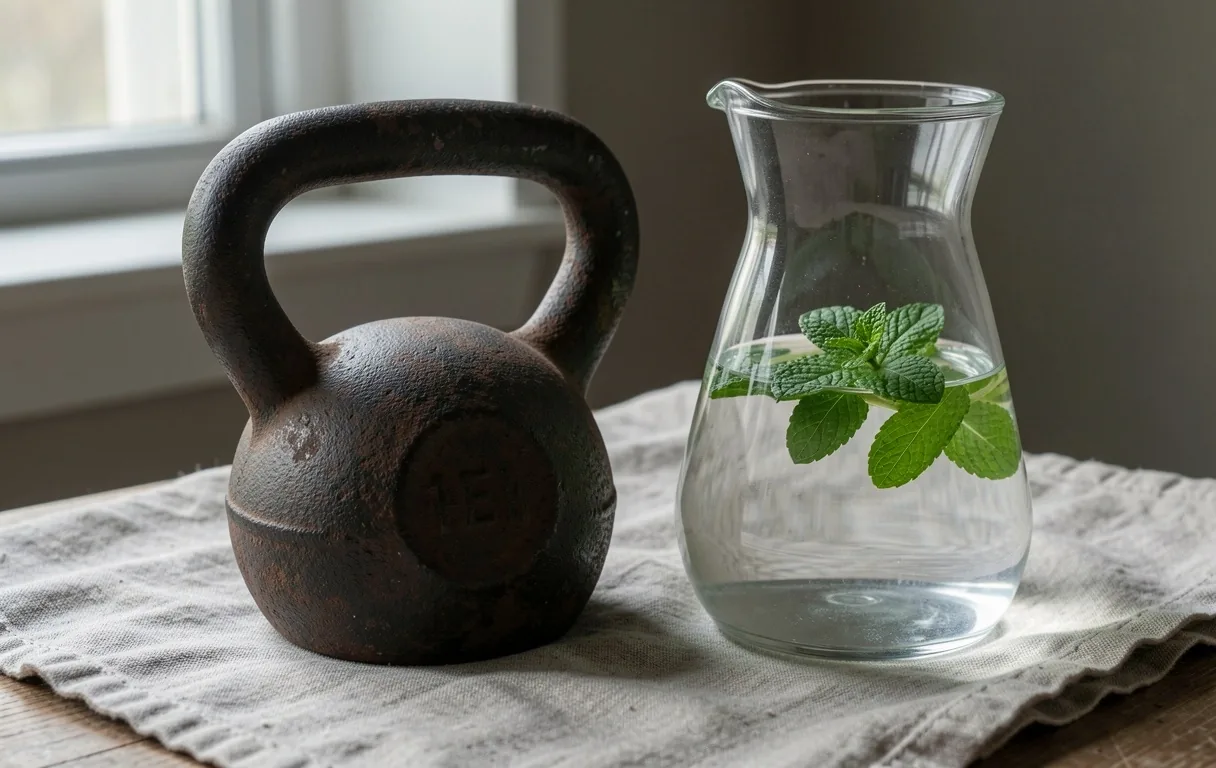 Kettlebell en fonte sur tissu lin avec carafe d'eau et menthe fraîche