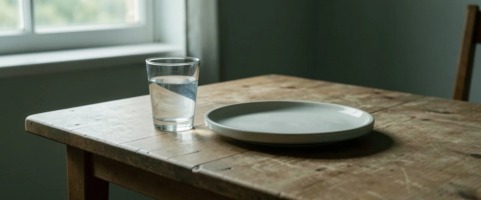 Table sobre avec verre d'eau, jeûne du matin