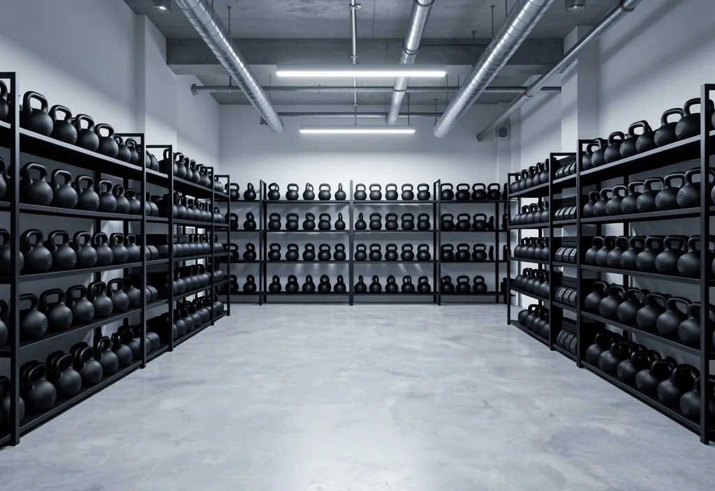 Intérieur d'un studio d'entraînement minimaliste avec kettlebells alignées